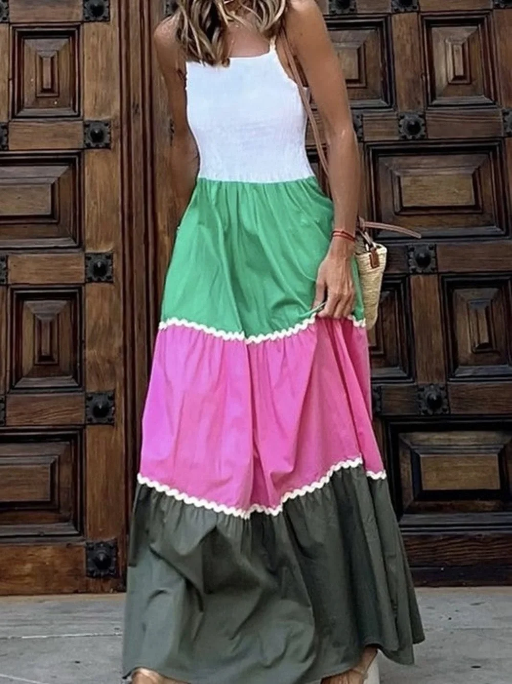 Maxi Skirt Dress in White, Green, Pink and Olive